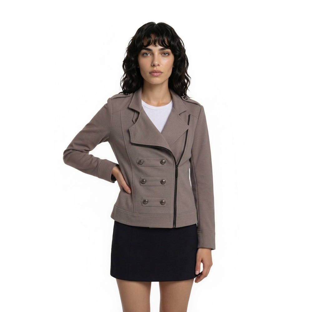 Kensie Moto Jacket Women's Size Small Taupe Grey Asymmetric Zip Military